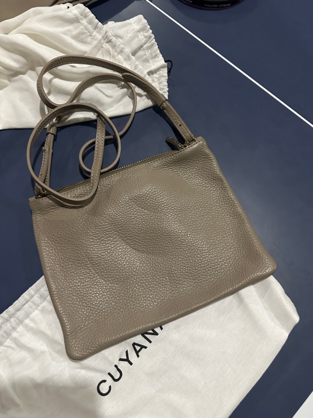 CUYANA Taupe Pebbled Leather Crossbody Bag